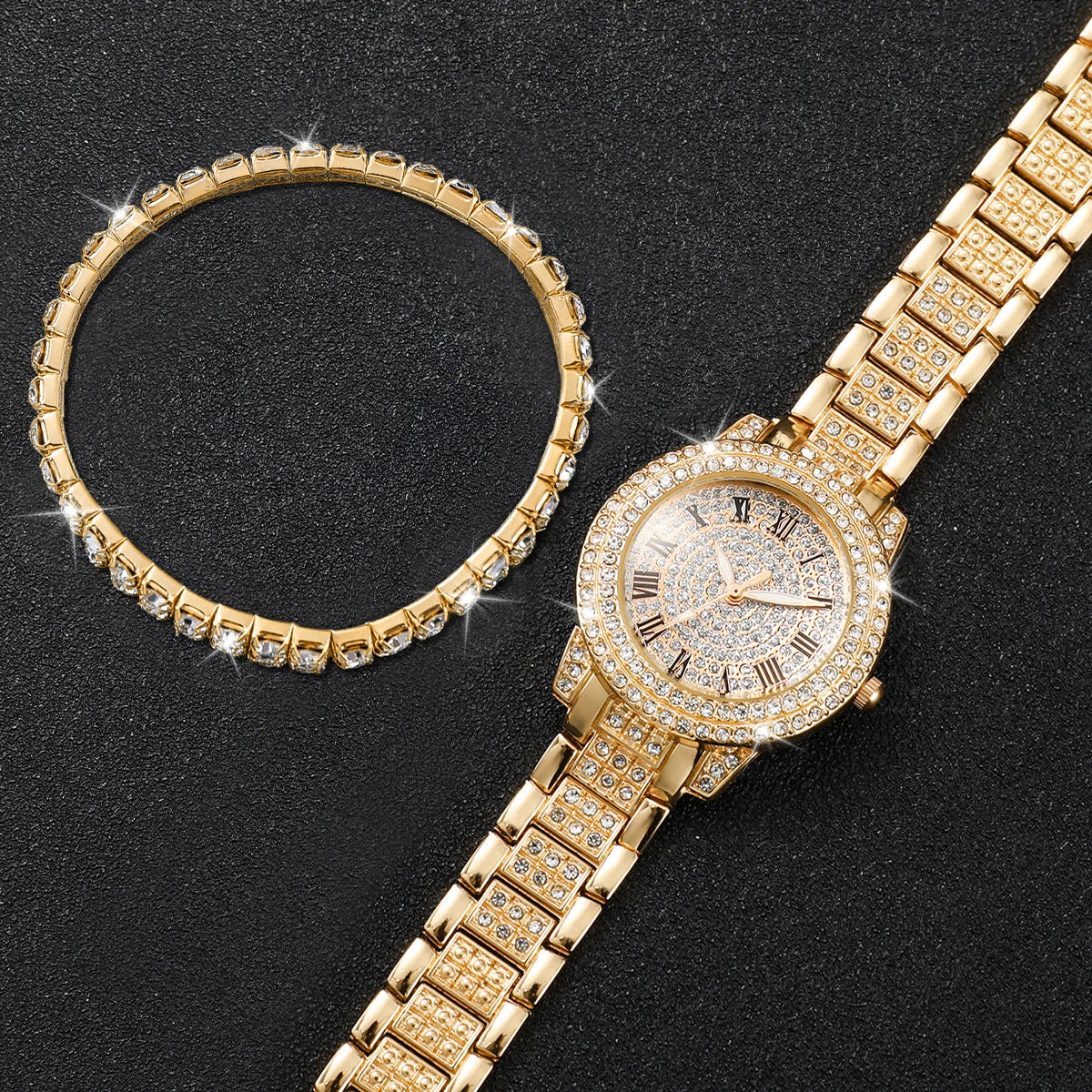 2PCS Fashion Full Diamond Women's Watch Gold Steel Band Analog Quartz Watches Bracelet Set