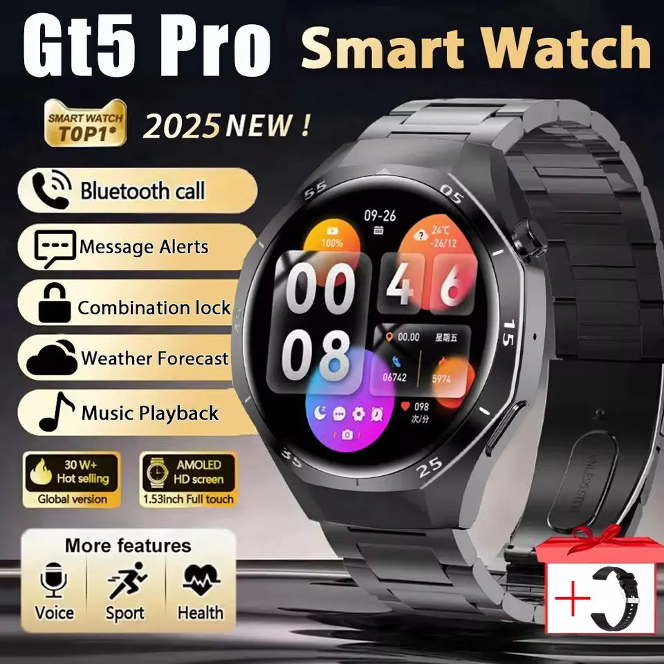 ساعة GT5 Pro الذكية الجديدة للرجال، إصدار 2025، مزودة بنظام تحديد المواقع العالمي (GPS)، وشاشة AMOLED بزاوية 360 درجة، وتقنية NFC، وبلوتوث لإجراء المكالمات، ومقاومة للماء، وميزة مراقبة الصحة، متوافقة مع نظام iOS.