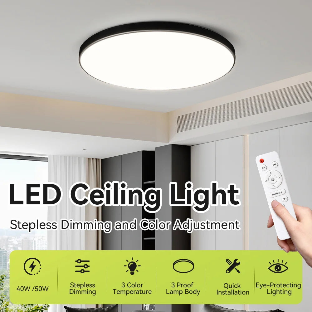 مصباح سقف ذكي بتقنية LED مع جهاز تحكم عن بعد، 3 ألوان، قابل للتعتيم، مصابيح سقف رفيعة للغاية، مصباح سقف لغرفة النوم أو المطبخ