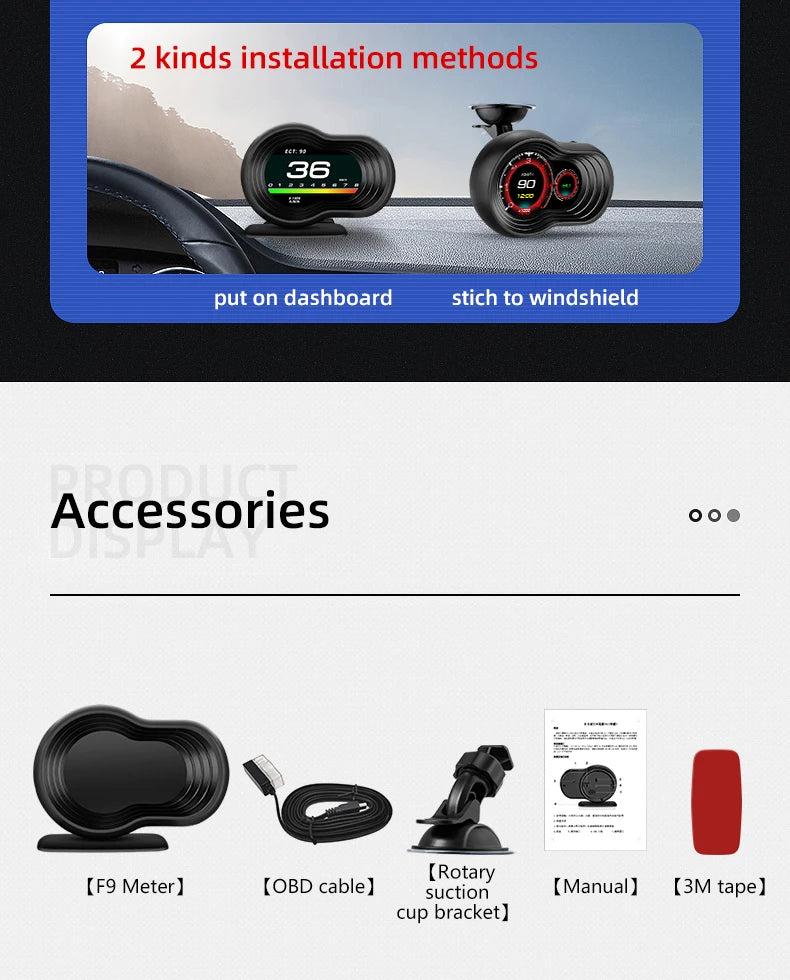 OBD2 Car HUD F9 OBD Head Up Display Auto Smart Car On-board Computer Gauge Digital Speedometer Temperature Engine RPM Alarm