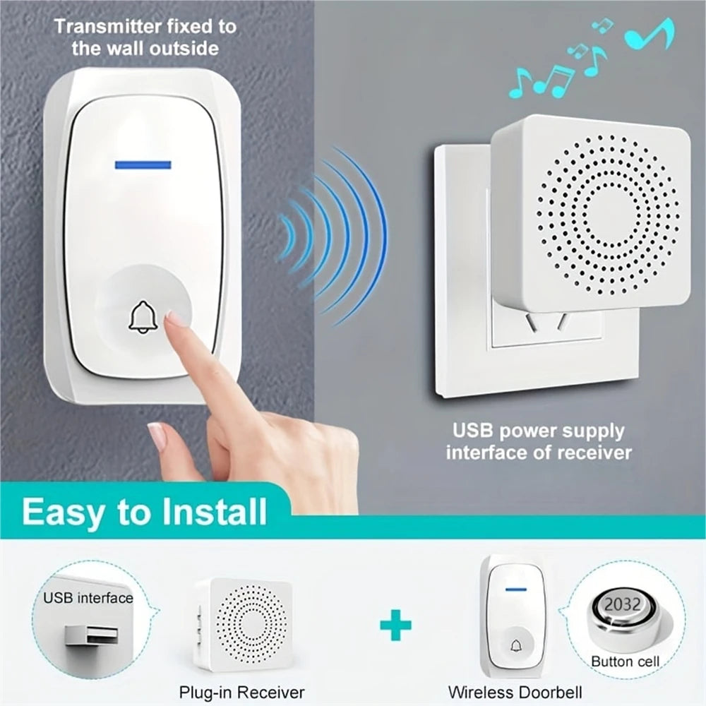 USB Wireless Doorbell Waterproof Welcome Chime Home Door Bell Intelligent Three-speed volume 38 Songs Smart Melodies Alarm