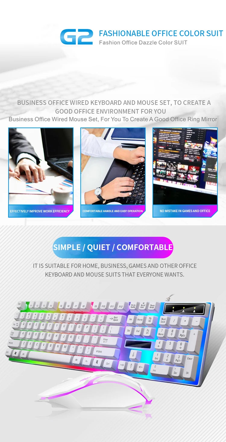 Игровой комплект: клавиатура и мышь с RGB-подсветкой, 104 клавиши, проводная клавиатура и мышь для ноутбука, настольного ПК, планшета.