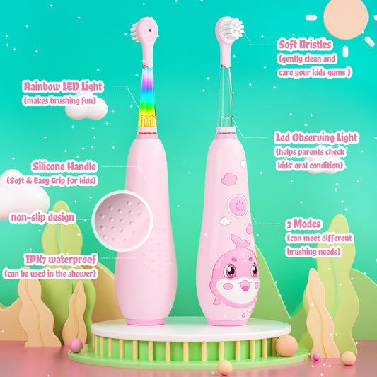 Seago Kids Electric Toothbrush Sonic Child Dolphin Colorful Observing LED 2 mins Smart Timer IPX7  Waterproof Teeth Cleaning