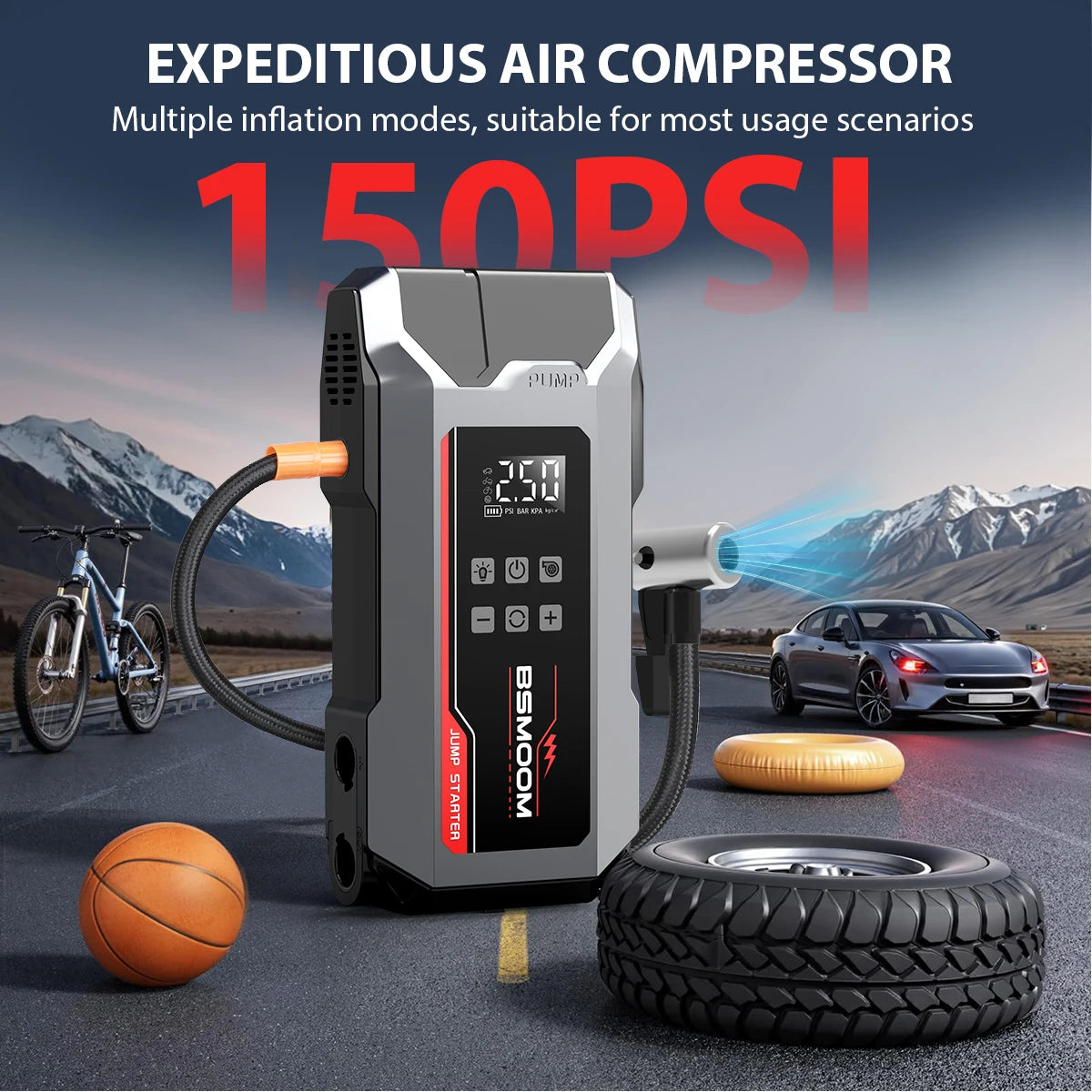 Car Jump Starter 150PSI Air Pump 7000A Portable Auto Emergency Booster with Wireless Tire Inflator Fast Charging Starting Device