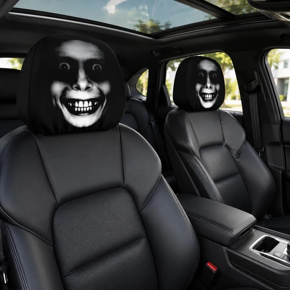 2PCS Scary Smile Face Car Headrest Covers Horror Grinning Print Black Auto Headrest Protector Universal Halloween Decor