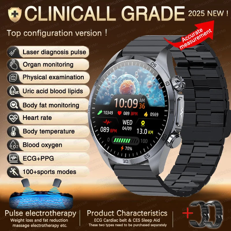 2025 Laser Pulse Uric Acid Blood Fat Nursing Smart Watch Men Body Fat Blood pressure ECG+PPG Sleep aid Treatment Health Watch