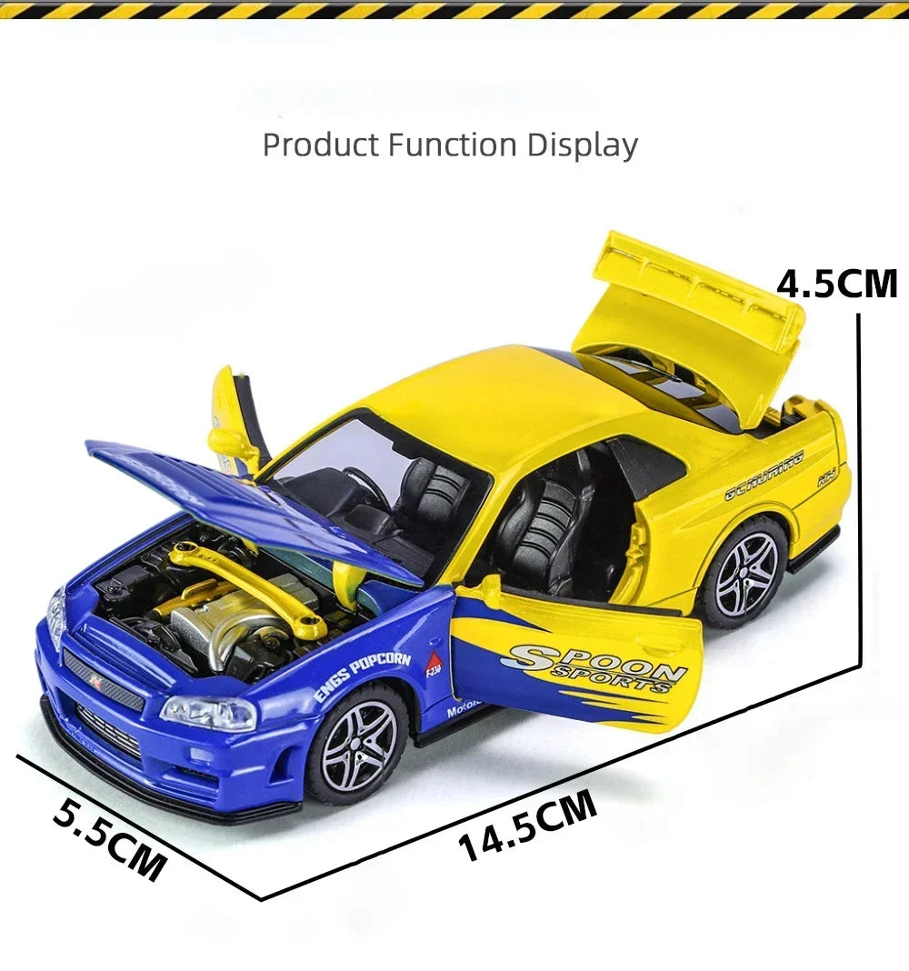 1:32 GTR R34 Skyline Fast & Furious Alloy Car Model Sound and Light Pull Back Children's Toy Collectibles Birthday Gifts