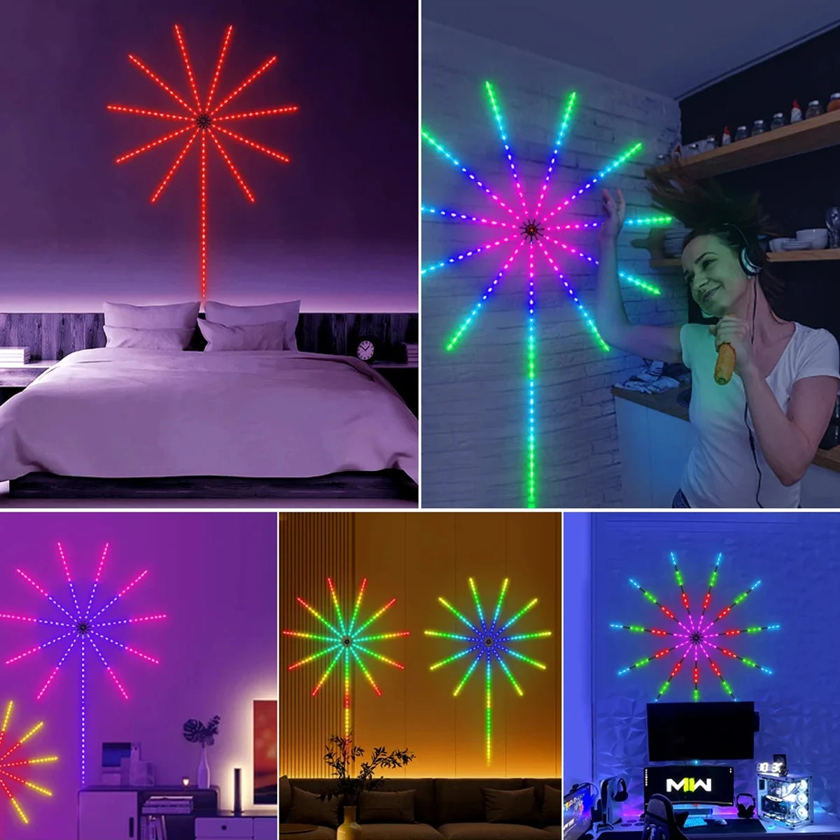 USB LED Smart Fireworks Lights Indoor Outdoor Sparkler Lights Remote & App Control Music Sync Wall Lamp For Room Party DIY Decor