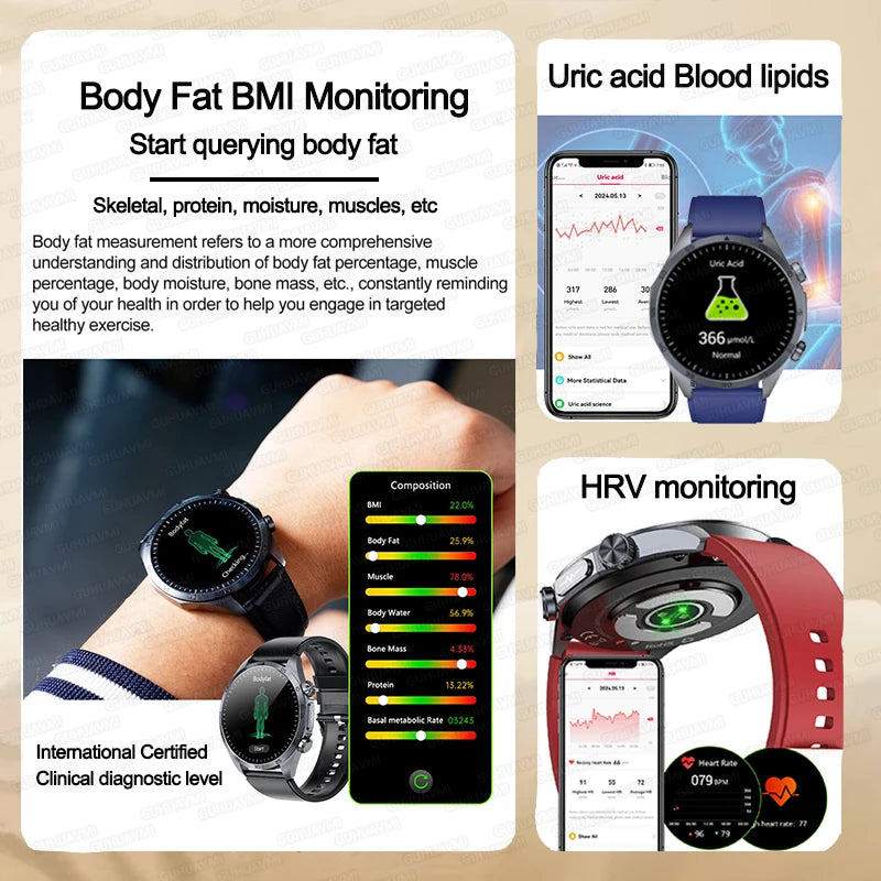 2025 Laser Pulse Uric Acid Blood Fat Nursing Smart Watch Men Body Fat Blood pressure ECG+PPG Sleep aid Treatment Health Watch
