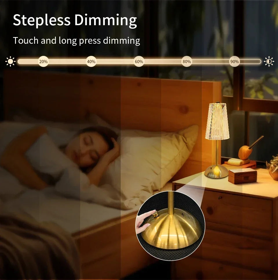 Crystal LED Table Lamp Touch Sensor Desktop Night Light Rechargeable Reading Lamp for Bedroom Bedside Hotel Bar Decor Dimmable