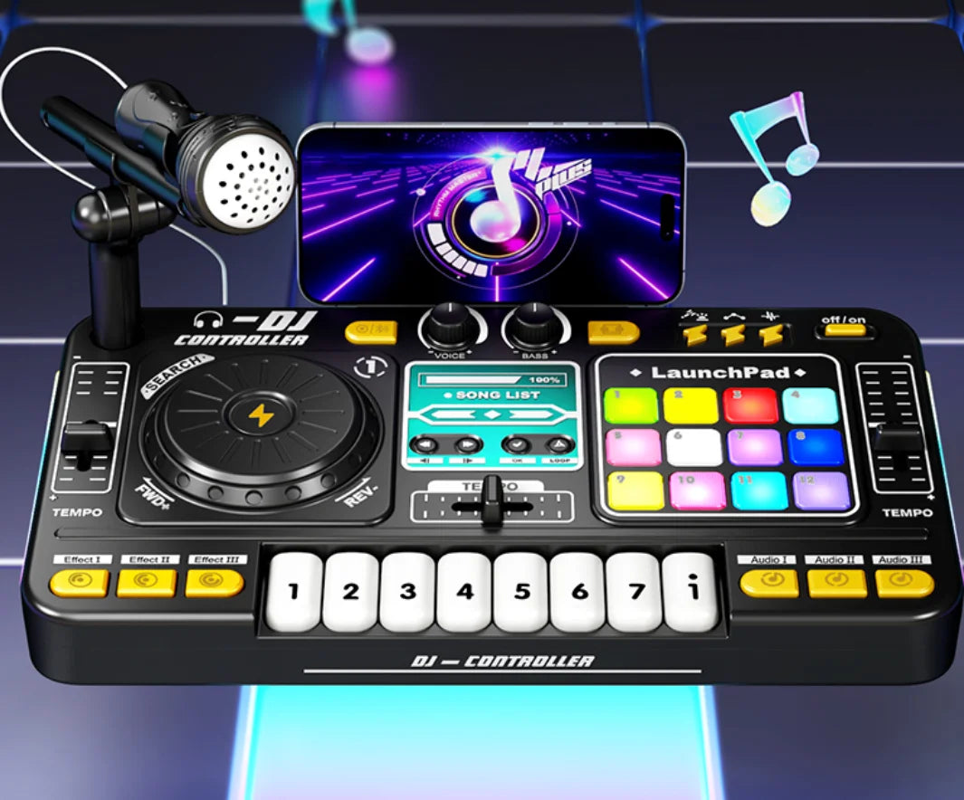 Kid Electricity DJ Mixer with Microphone Electronic Piano Keyboard DJ Turntable Controller Turntable Instrument Kid Birthday Gif