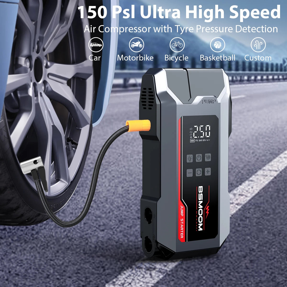 Car Jump Starter 150PSI Air Pump 7000A Portable Auto Emergency Booster with Wireless Tire Inflator Fast Charging Starting Device