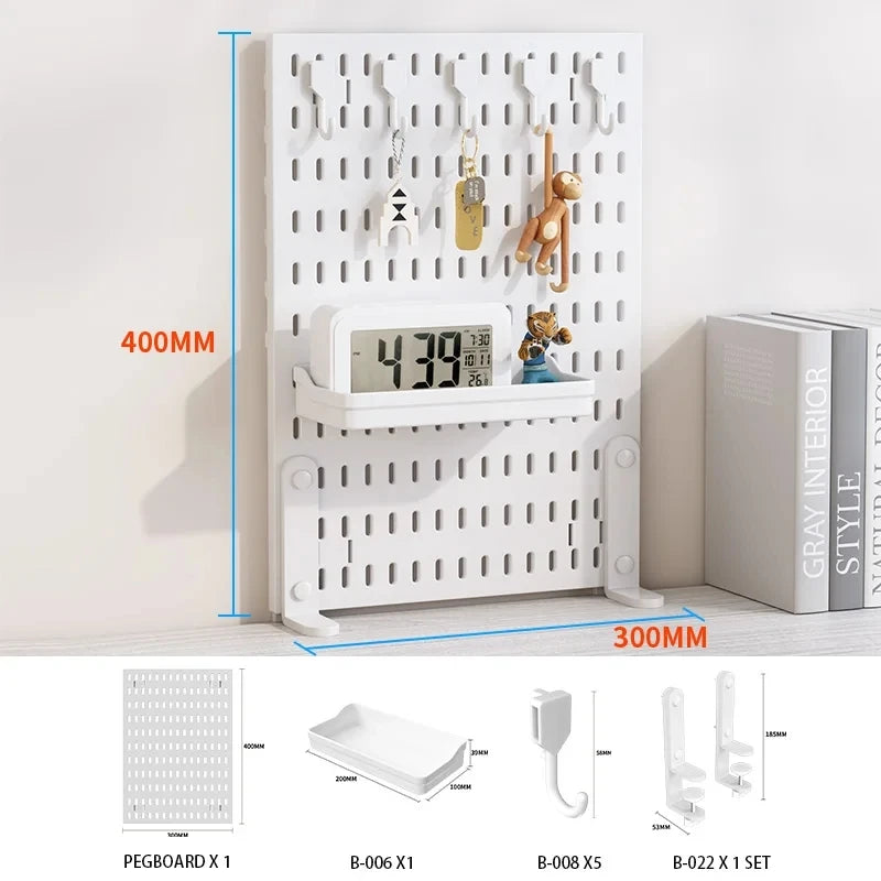Desktop pegboard storage kit: Stand-up clip - on panels, perfect for home office and study storage.