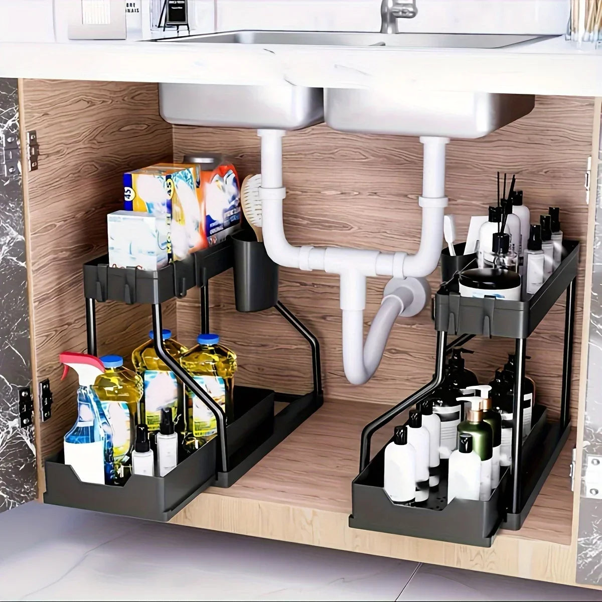 2 Tier Slide Out Under Sink Organizer with Hooks Large Capacity Space Saving Storage Rack for Kitchen Bathroom Cabinet Durable