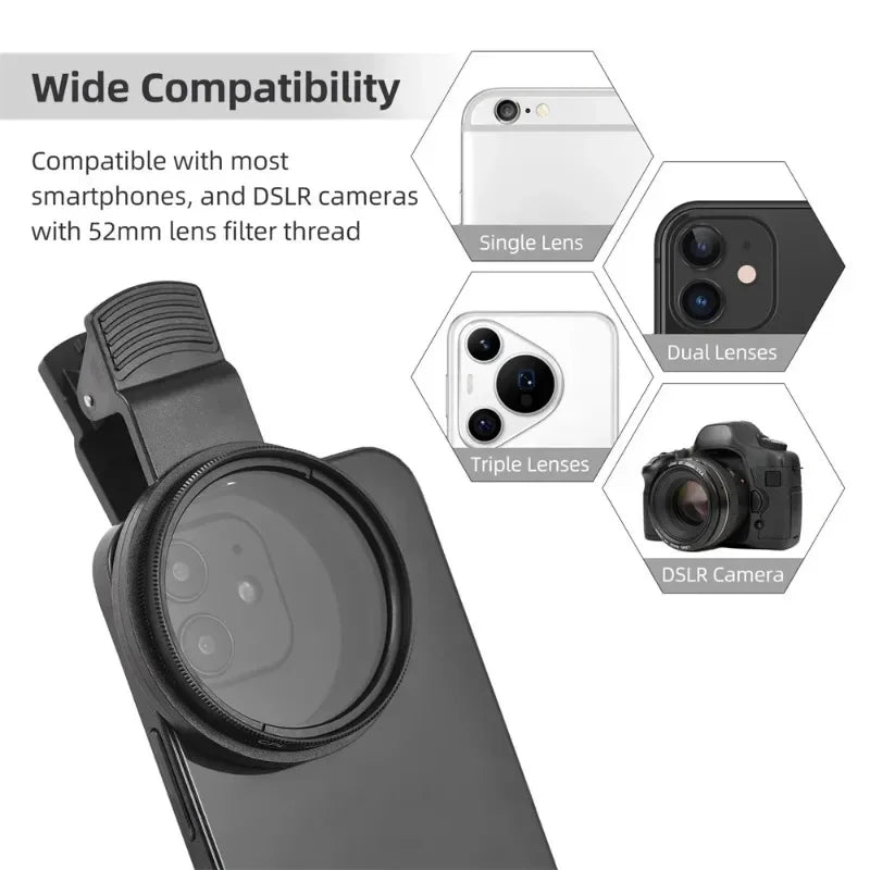 Circular Universal Polarizer Camera Lens Clip 52MM Portable CPL Filter Kit for IPhone 16 15 14 13 Professional Phone Camera Lens