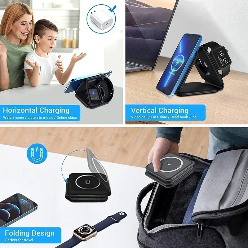 30W Fast Charging Pad Desktop Foldable 3 in 1 Wireless Charger For iPhone 16 15 14 13 12 Pro Max iWatch 10 9 8 7 6 AirPods Pro 2