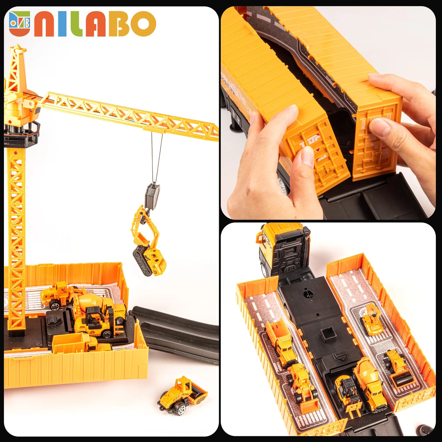 Alloy Construction Vehicles Toy Set for Ages 3-8-STEM Toys with Container Truck/Tower Crane/Excavator, Perfect Birthday Gift