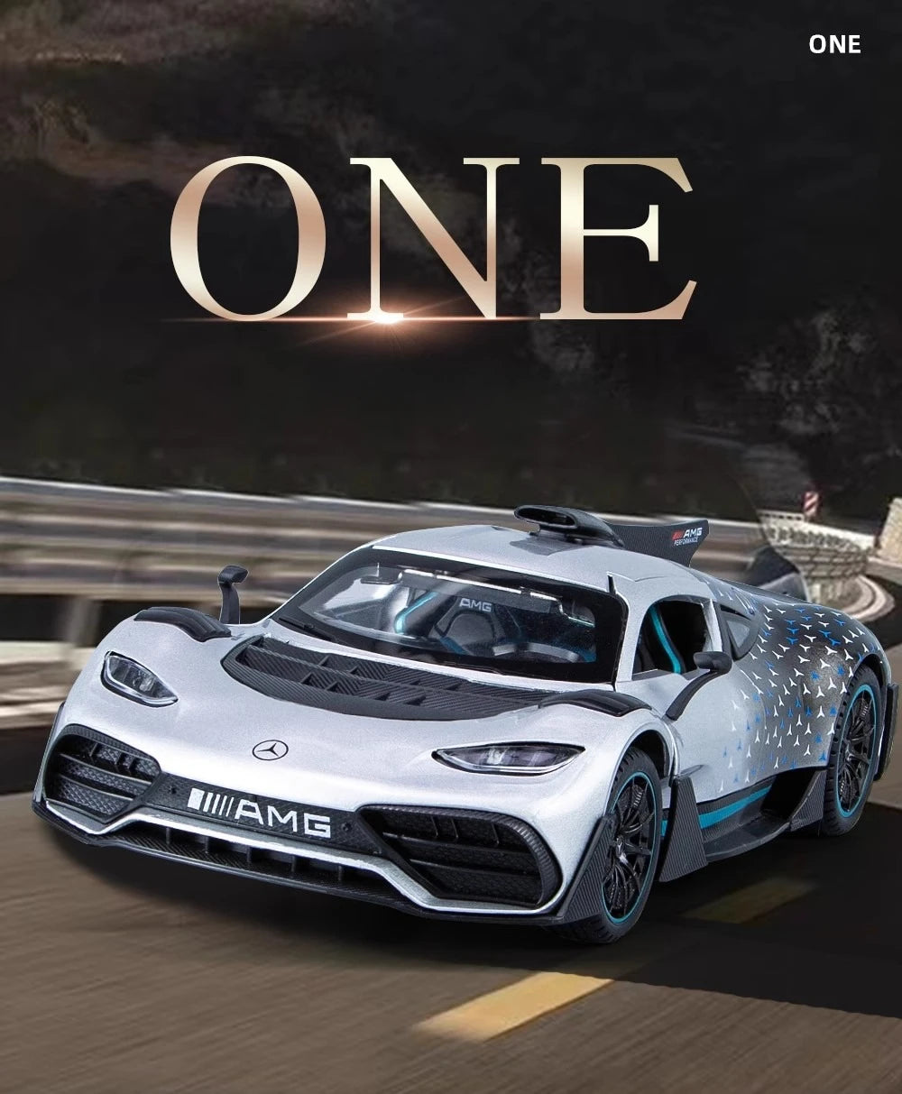 Scale 1:24 ONE Sports Car Model Toy Modified Metal Diecast Free Wheeling Vehicles Simulation Sound & Light Gift for Children