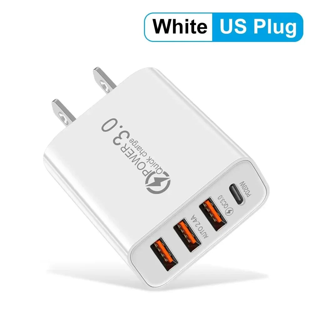 شاحن USB-C متعدد المنافذ بقدرة 60 واط، مزود بـ 4 منافذ، منها 3 منافذ USB PD، يدعم الشحن السريع، وشاحن جداري عالمي للسفر.