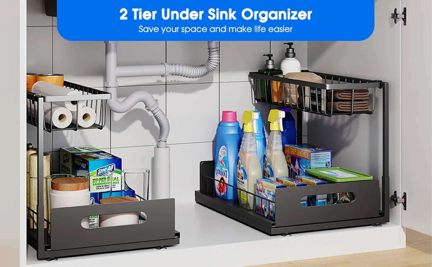 Under Sink 2 Tier Sliding Cabinet Basket Organizer Drawer Pull Out Cabinet Multi-Purpose  Sink Organizer for Bathroom Kitchen