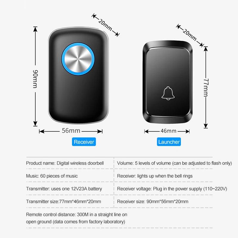 Smart Wireless Doorbell Family Door Bell Chime Kit 300M/1000Ft Long Distance 60 Songs Intelligent Doorbell Kit US EU Plug