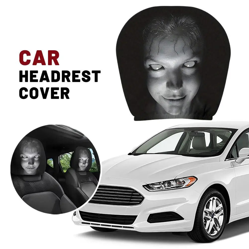 2Pcs Halloween Horror Face Printed Car Headrest Covers Soft Polyester Washable Universal Elastic Dustproof Protective Cushion