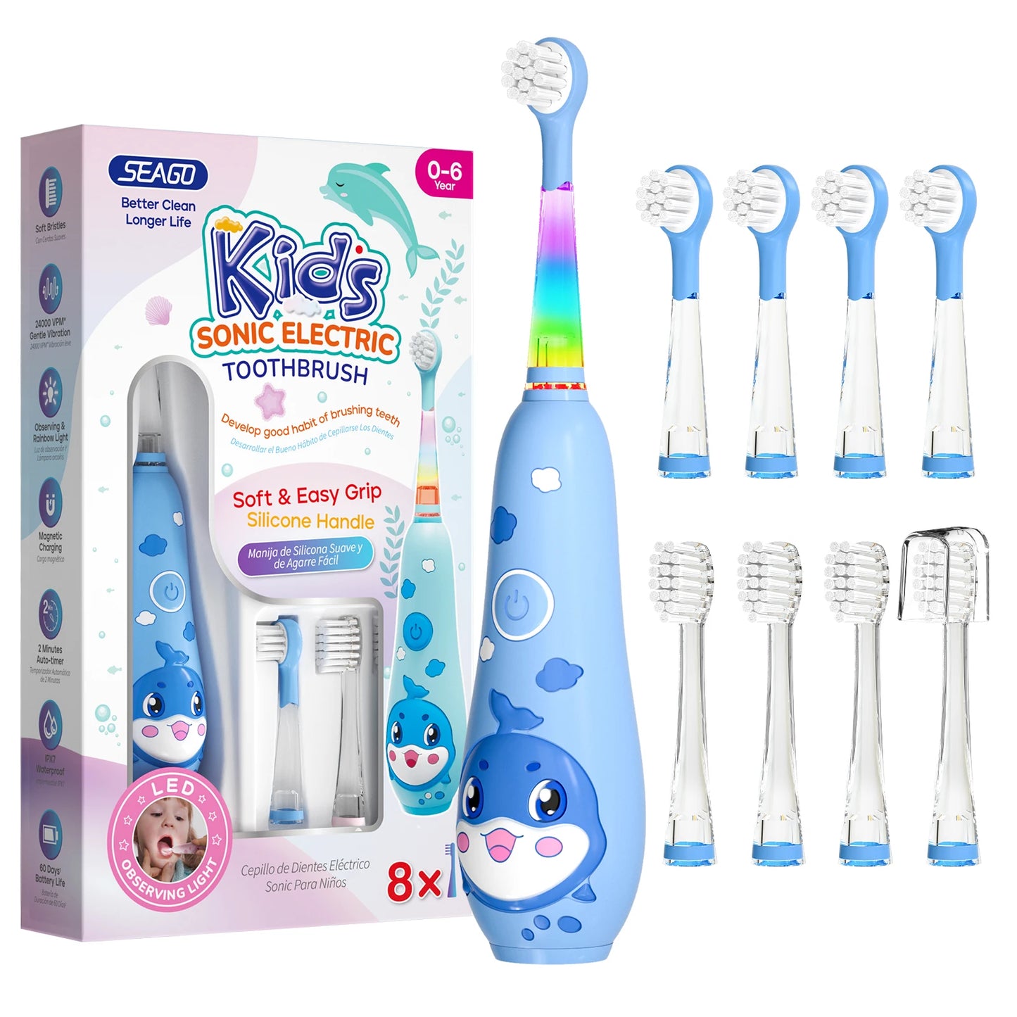 Seago Kids Electric Toothbrush Sonic Child Dolphin Colorful Observing LED 2 mins Smart Timer IPX7  Waterproof Teeth Cleaning
