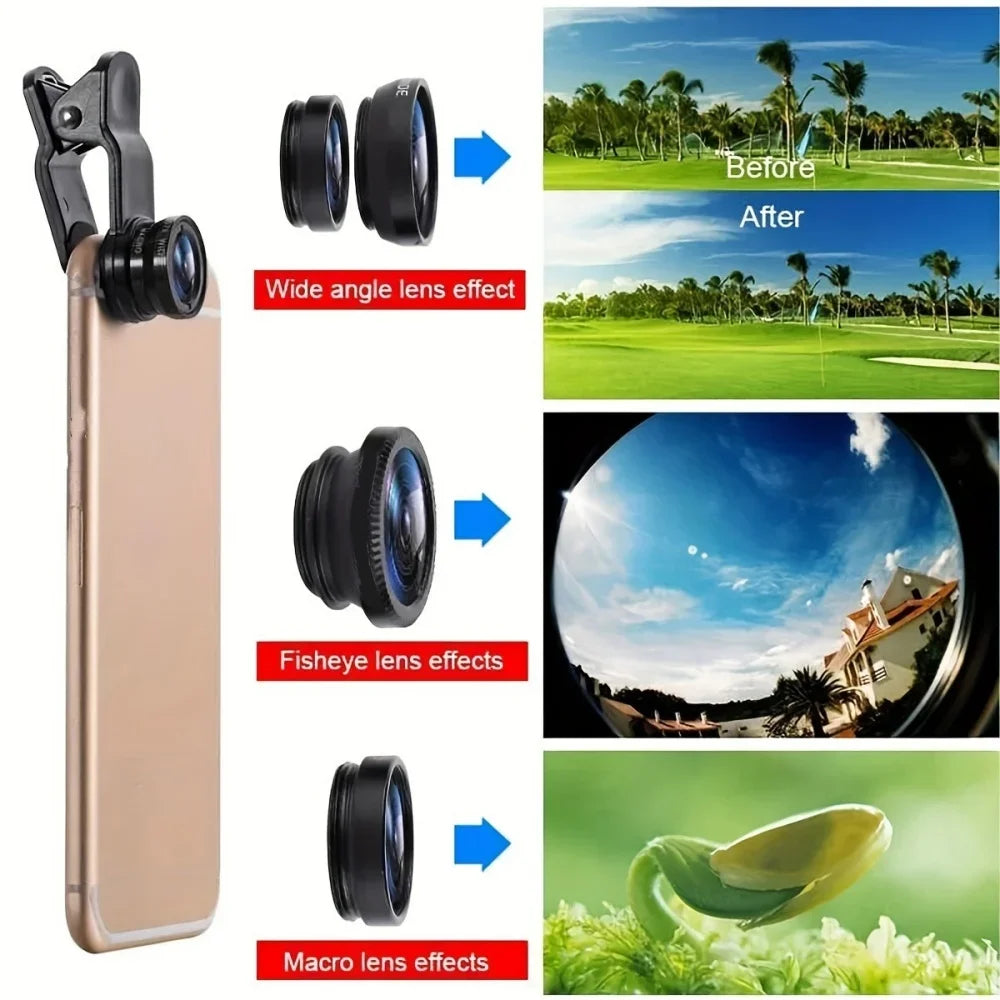 3In1 Mobile Phone Fish Eye+Wide Angle+Macro Lightweight Camera Lens With Clip Universal Cell Phone Lens For iPhone Xiaomi Huawei