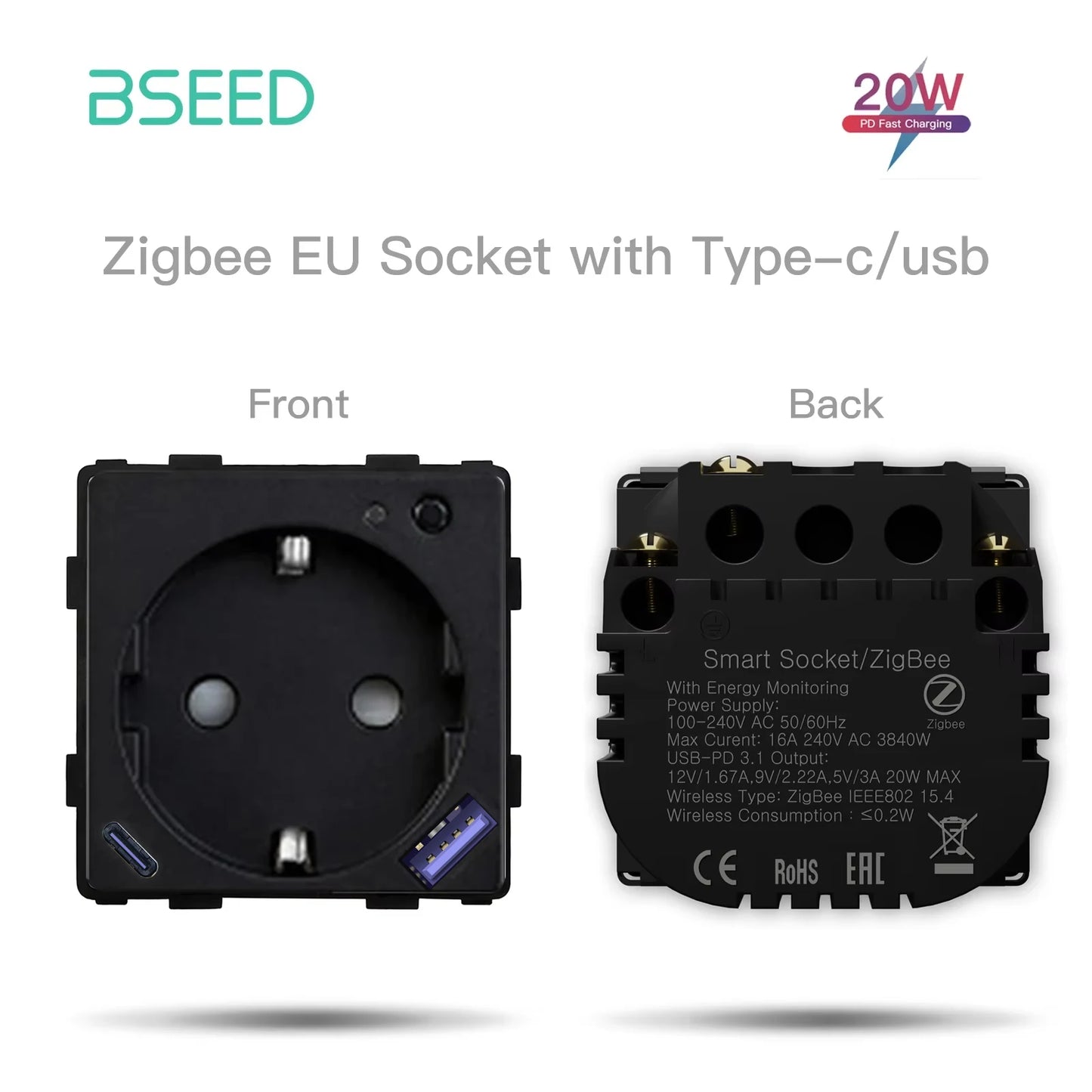 Умная розетка BSEED Zigbee с монитором мощности и разъемом USB Type-C, детали для самостоятельной сборки, быстрая зарядка 20 Вт, управление через приложение Tuya Smart Life и Alexa.