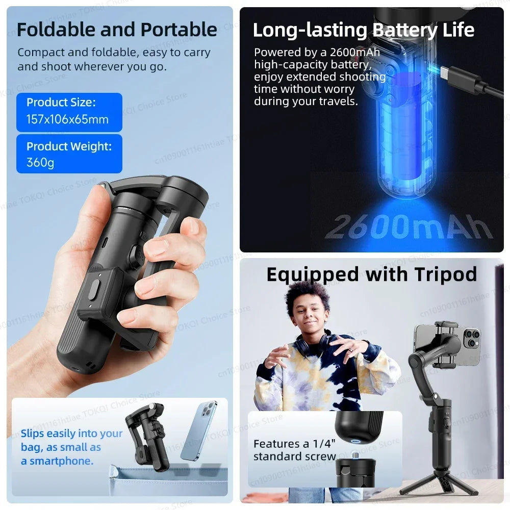 Handheld 3-Axis Gimbal Stabilizer for iPhone & Android, Anti-Shake Phone Holder with Tripod, for Vlogging & Video Recording