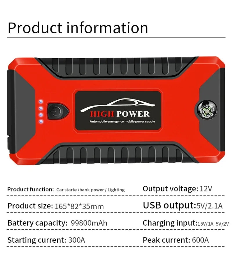 Portable Car Battery Starter Auto Jump Starter 99800mAh Petrol Diesel Car Emergency Booster Start Power Supply 12V For Cars