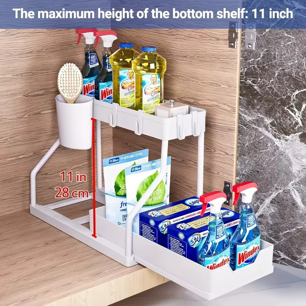 2 Tier Slide Out Under Sink Organizer with Hooks Large Capacity Space Saving Storage Rack for Kitchen Bathroom Cabinet Durable