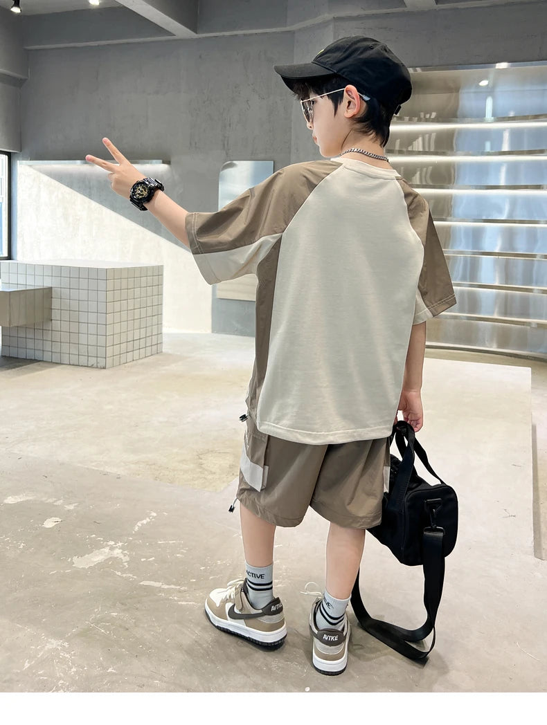 Kids Clothing Sets For Boys Fashion Short Sleeve T Shirts Shorts 2pcs Tracksuits Summer Children Teenager Sportswear Suits 5-14Y