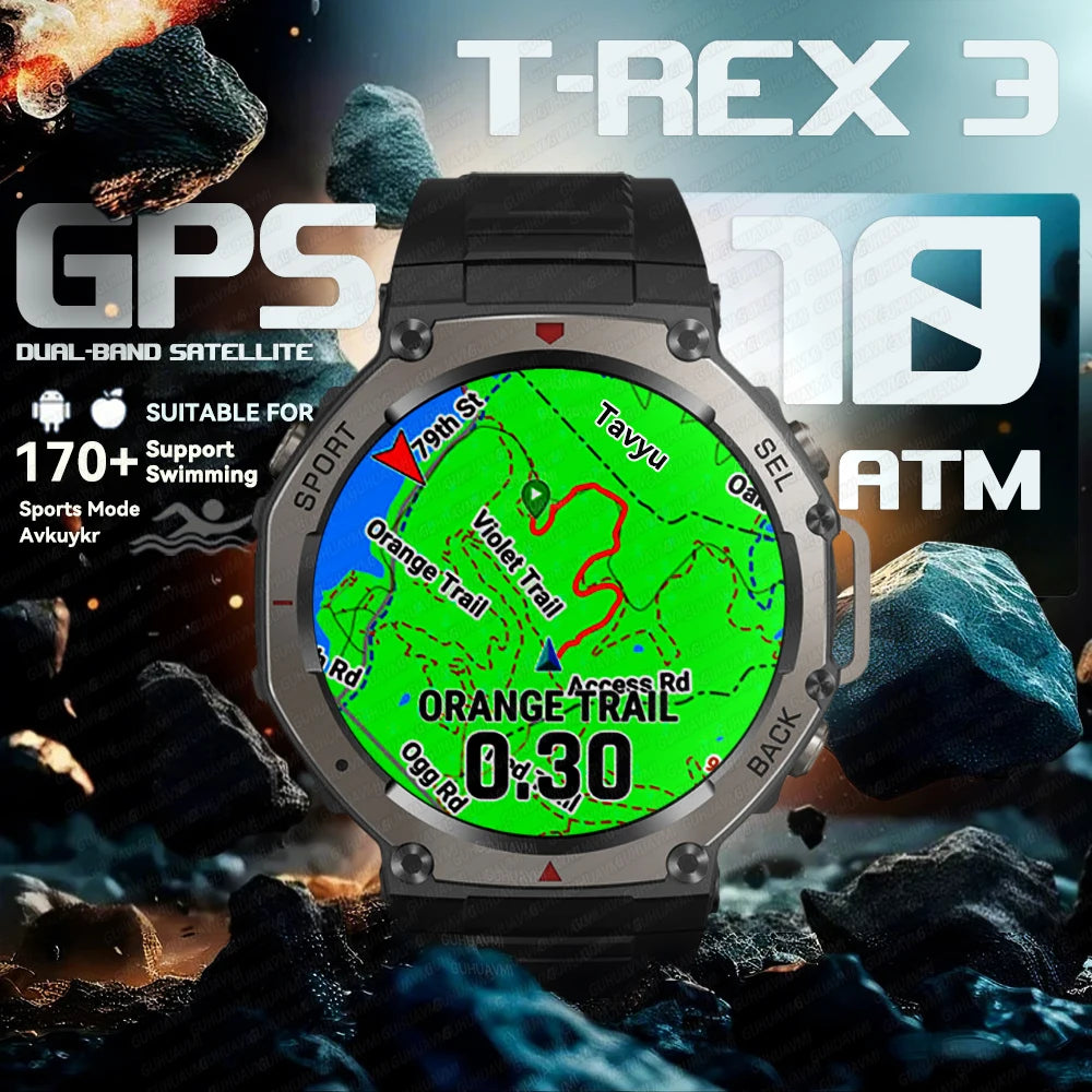 ساعة T-Rex3 الذكية الجديدة المزودة بنظام تحديد المواقع العالمي (GPS) لعام 2025، ساعة GUHUAVMI العسكرية الذكية للرجال، مقاومة للماء حتى عمق 100 متر، 170 وضعًا رياضيًا، نظام تحديد المواقع العالمي (GPS) مدمج، اتصال بلوتوث