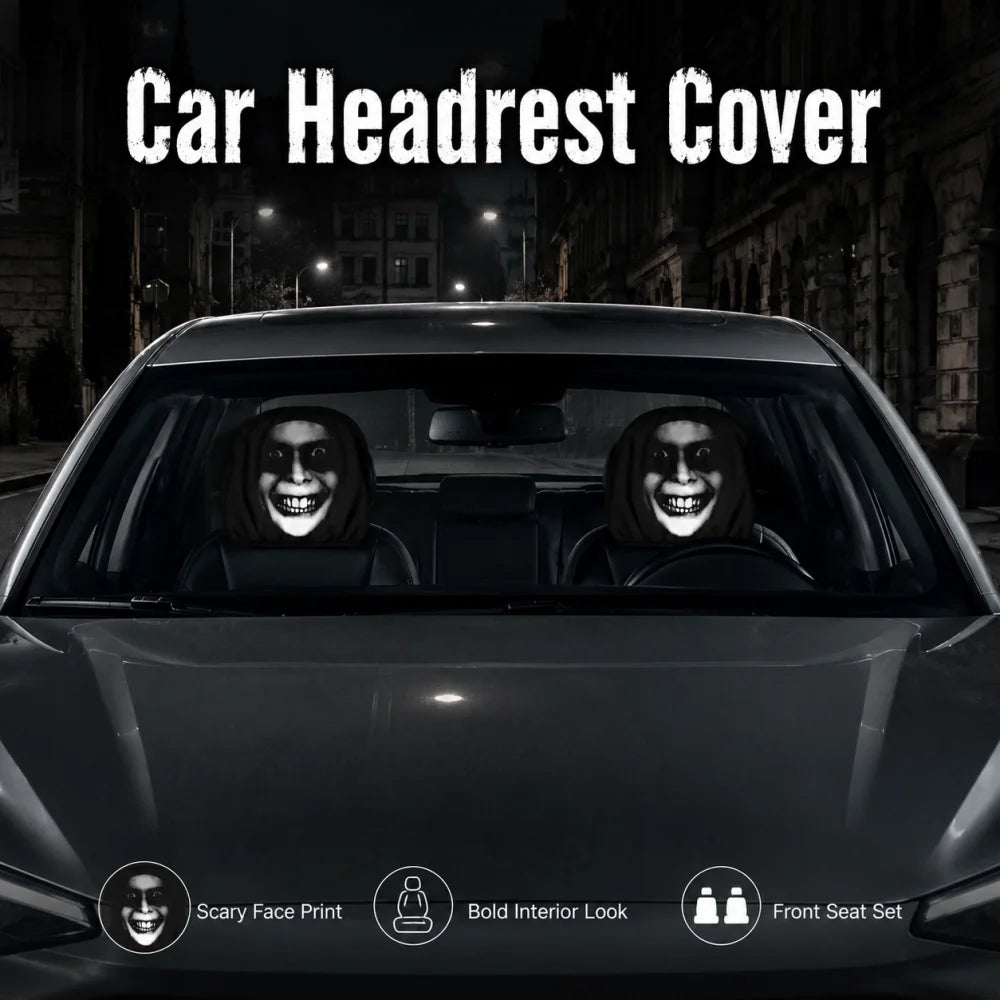 2PCS Scary Smile Face Car Headrest Covers Horror Grinning Print Black Auto Headrest Protector Universal Halloween Decor