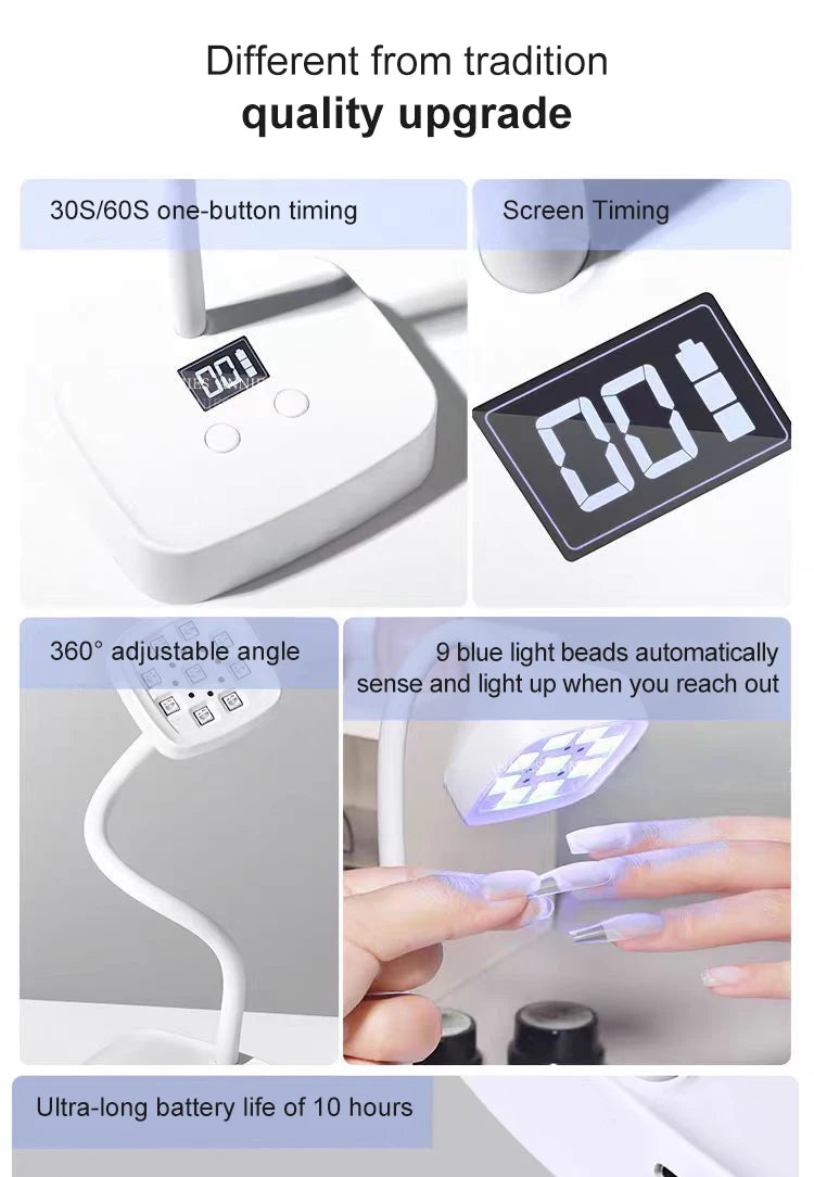 Rechargeable 9 LED UV Desk Lamp 360° Bendable for Nails Gel Polish Quick Dry Portable Manicure Salon  Wireless Nail Dryer Tools