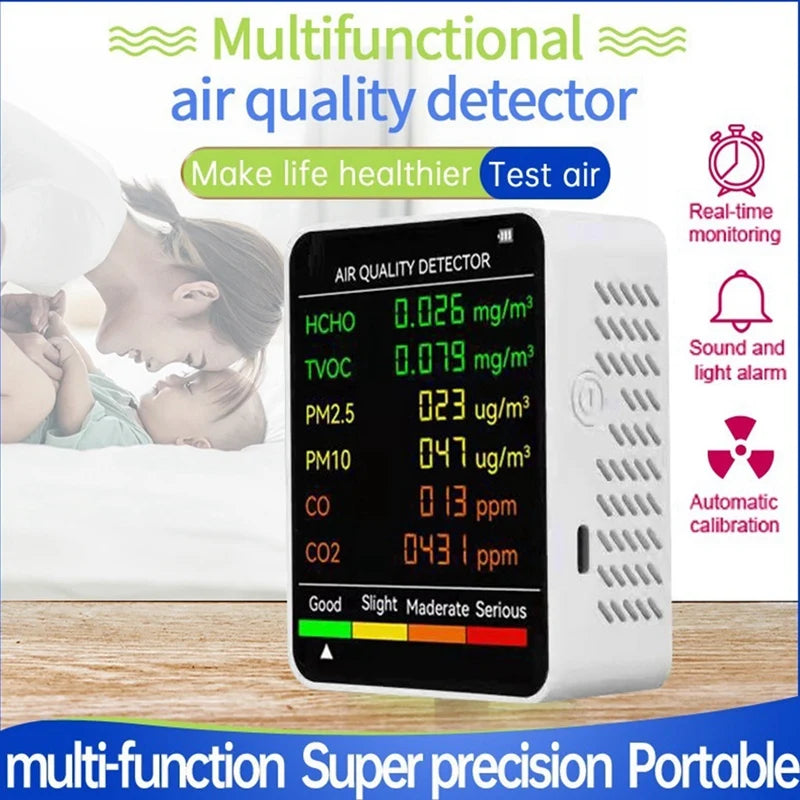 جهاز قياس جودة الهواء 6 في 1: PM2.5، PM10، HCHO، TVOC، CO، CO2، CO2، جهاز مراقبة جودة الهواء، جهاز اختبار جودة الهواء للمنزل والمكتب