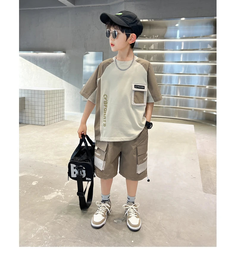 Kids Clothing Sets For Boys Fashion Short Sleeve T Shirts Shorts 2pcs Tracksuits Summer Children Teenager Sportswear Suits 5-14Y