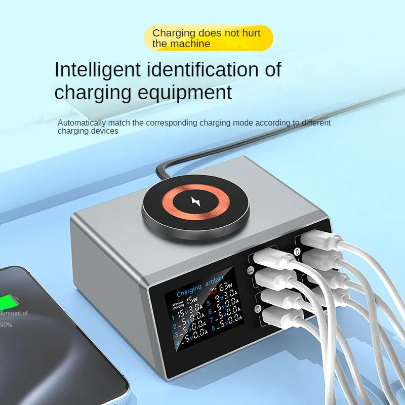 شاحن متعدد المنافذ بقدرة 140 واط مزود بشاشة عرض رقمية، يدعم الشحن السريع PD+QC، والشحن اللاسلكي المغناطيسي المكتبي للهواتف وأجهزة الكمبيوتر المحمولة