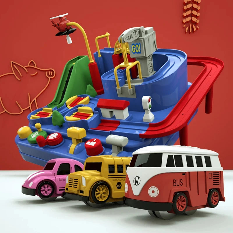 Children educational novelty toys Racing Rail Cars Model inertial gliding track car adventure Mechanical Interactive Toy for kid