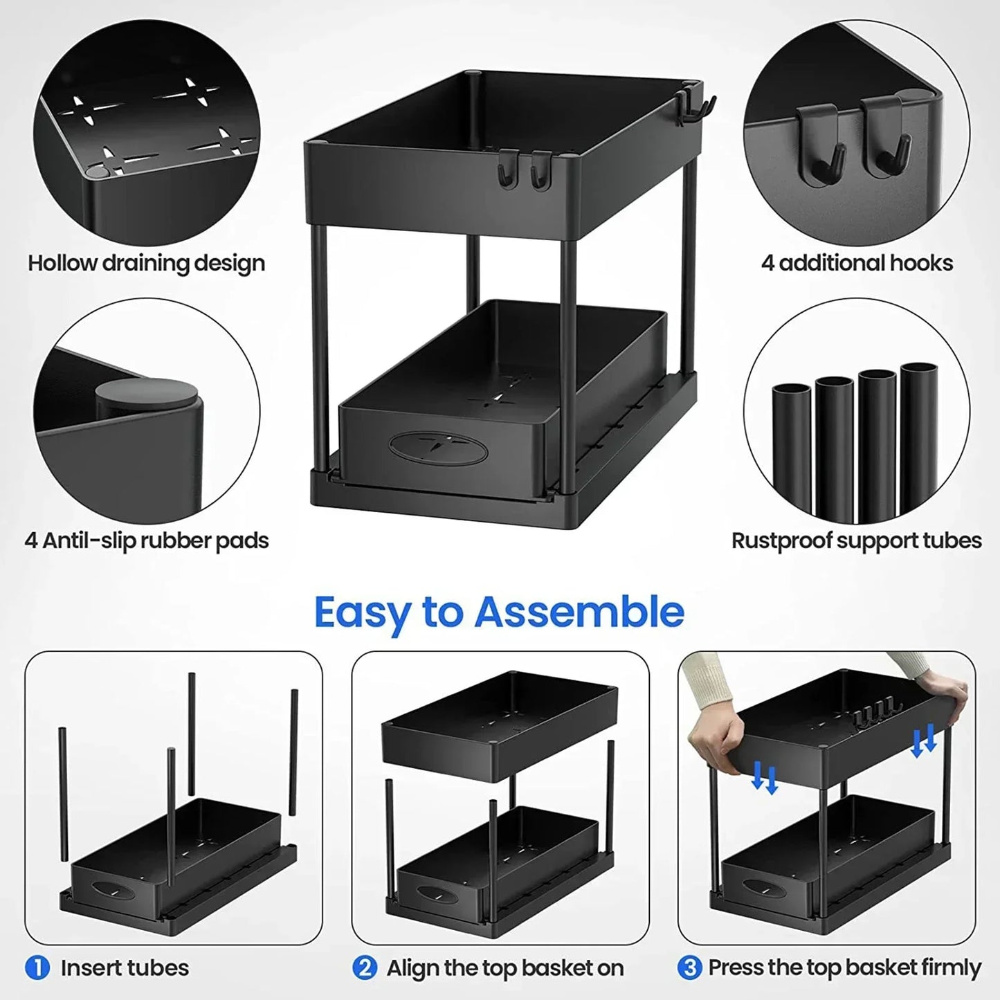 New 2 Tier Under Sink Organizer Sliding Cabinet Basket Organizer Storage Rack with Hooks Hanging Cup Bathroom Kitchen Organizer