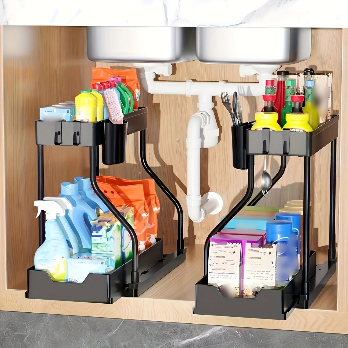 2 Tier Slide Out Under Sink Organizer with Hooks Large Capacity Space Saving Storage Rack for Kitchen Bathroom Cabinet Durable