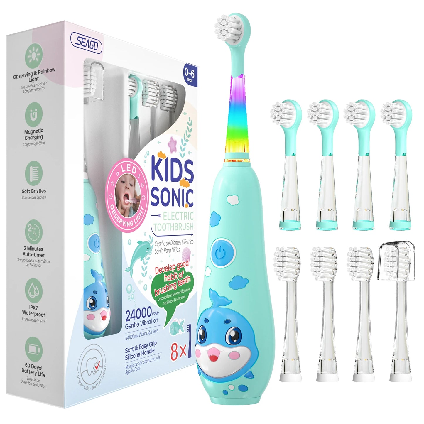 Seago Kids Electric Toothbrush Sonic Child Dolphin Colorful Observing LED 2 mins Smart Timer IPX7  Waterproof Teeth Cleaning