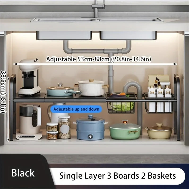 1 Set Multi-Use Kitchen Under Bathroom Sink Organizers - Expandable Cabinet Shelf Organizer Storage Rack