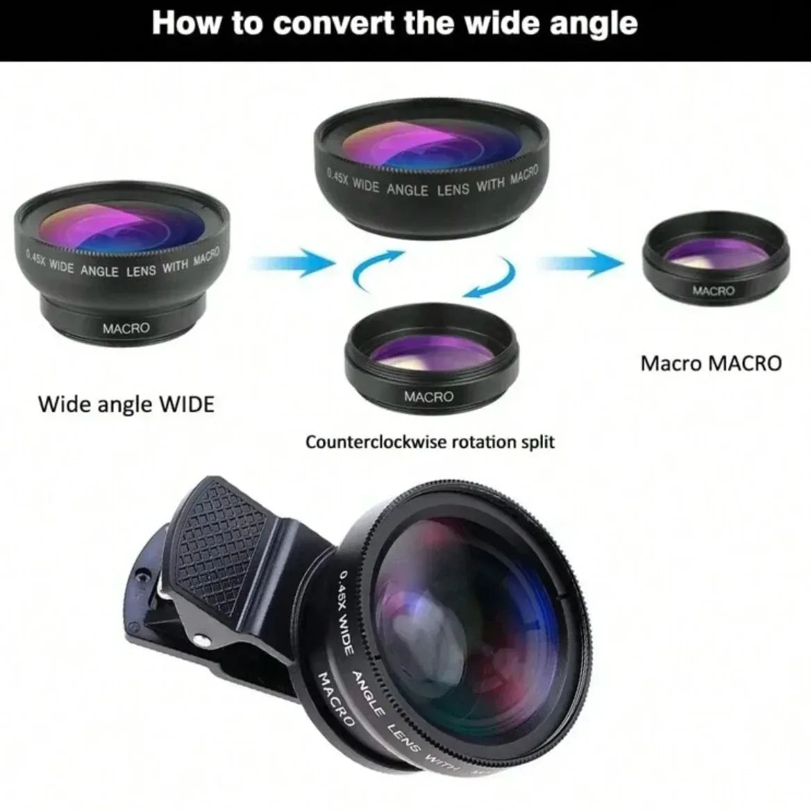 2 In 1 Clip On Phone Lens Kit 37mm 0 45X Super Wide Angle Macro HD Camera Lens for Mobile Phones