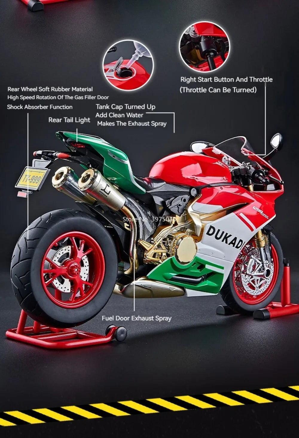 1:9 1299 Motorcycles Car Toy Alloy Diecast Model Rubber Tires with Light Music Spray Miniature Vehicle Kids Children's Day Gifts