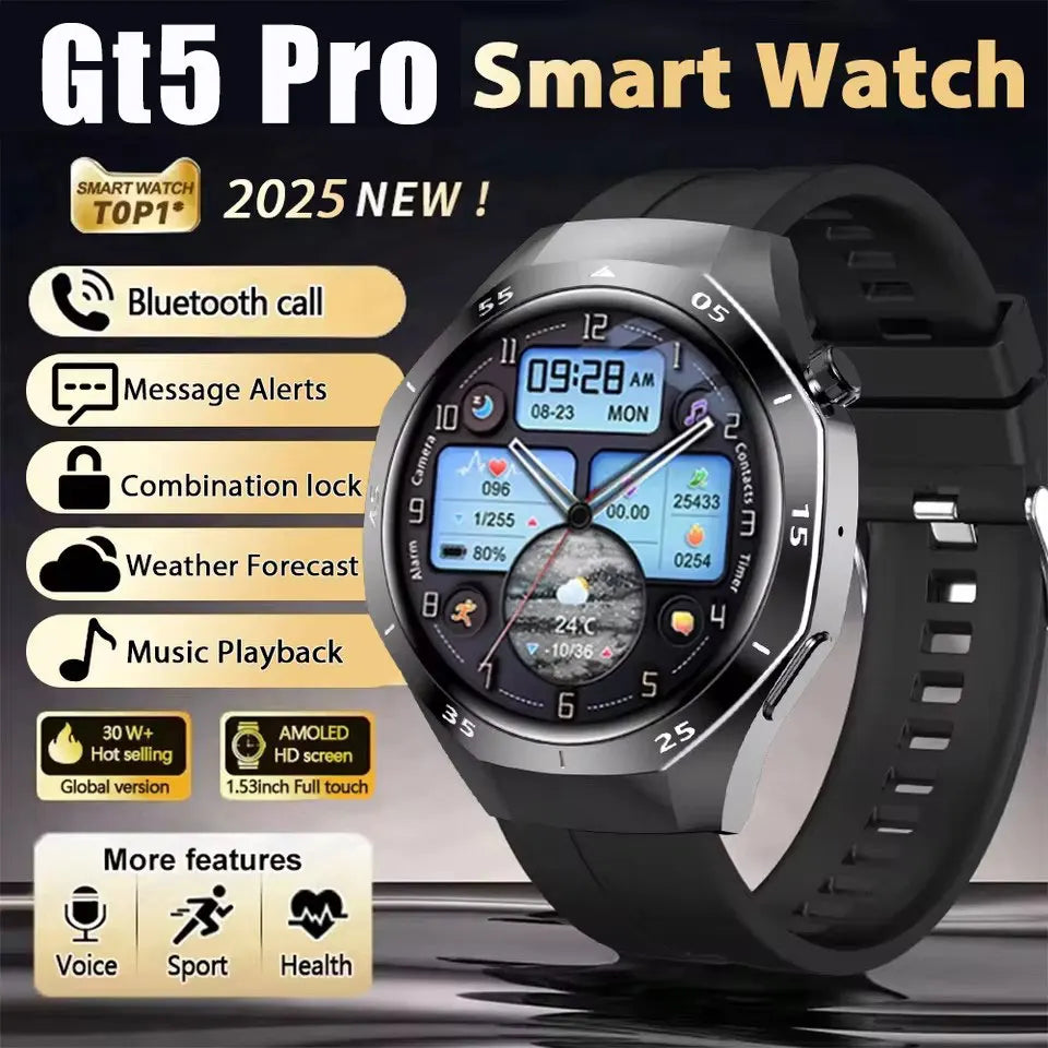 ساعة GT5 Pro الذكية الجديدة للرجال، إصدار 2025، مزودة بنظام تحديد المواقع العالمي (GPS)، وشاشة AMOLED بزاوية 360 درجة، وتقنية NFC، وبلوتوث لإجراء المكالمات، ومقاومة للماء، وميزة مراقبة الصحة، متوافقة مع نظام iOS.