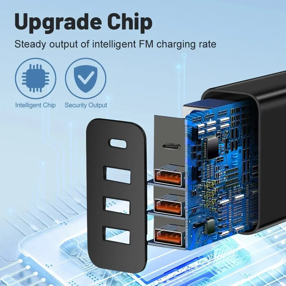 شاحن USB-C متعدد المنافذ بقدرة 60 واط، مزود بـ 4 منافذ، منها 3 منافذ USB PD، يدعم الشحن السريع، وشاحن جداري عالمي للسفر.