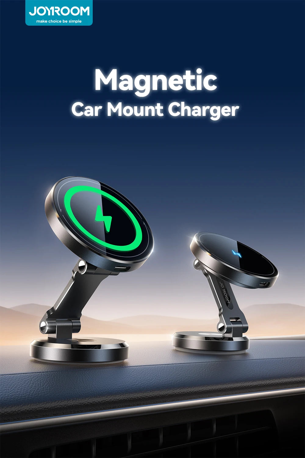 Joyroom Magnetic Car Phone Mount Holder Charger with Rotatable Charging Panel 15W Fast Wireless Charging Magnetic Phone Mount