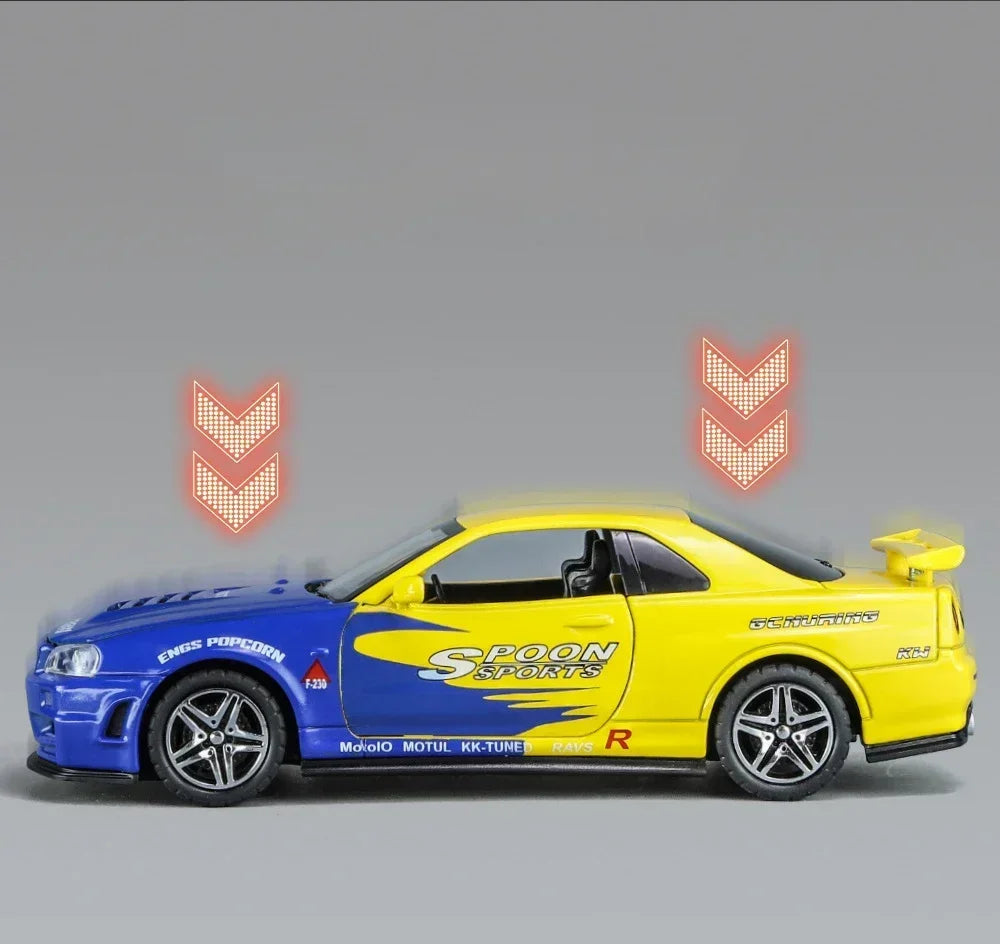 1:32 GTR R34 Skyline Fast & Furious Alloy Car Model Sound and Light Pull Back Children's Toy Collectibles Birthday Gifts